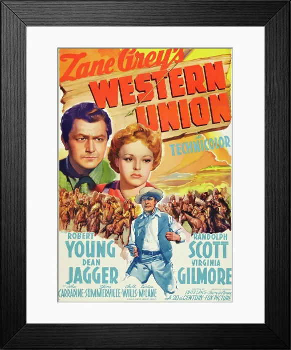 Framed Print : WESTERN UNION, top from left: Robert Young, Virginia Gilmore, Randolph Scott, 1941, TM and Copyright 20th Century Fox Film Corp. All rights reserved. / courtesy Everett Collection Framed Print : WESTERN UNION, top from left: Robert Young, Virginia Gilmore, Randolph Scott, 1941, TM and Copyright 20th Century Fox Film Corp. All rights reserved. / courtesy Everett Collection