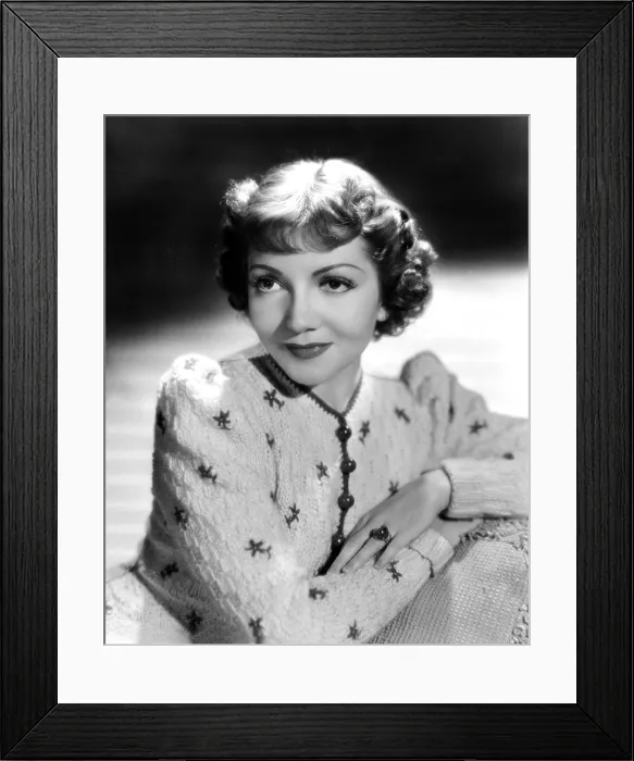 Framed Print : Claudette Colbert, portrait, 1939, in embroidered cardigan