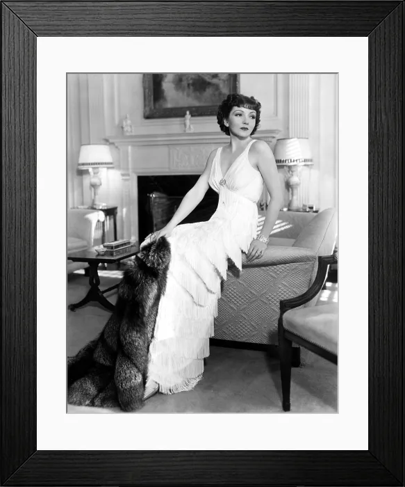 Framed Print : Claudette Colbert in fringed gown and silver fox cape, 1937