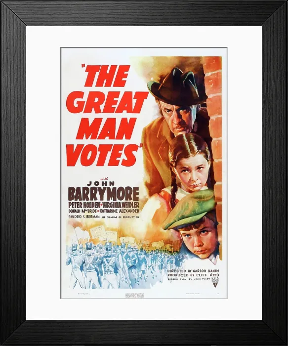 Framed Print : THE GREAT MAN VOTES, US poster art, (top to bottom), John Barrymore, Virginia Weidler, Peter Holden, 1939