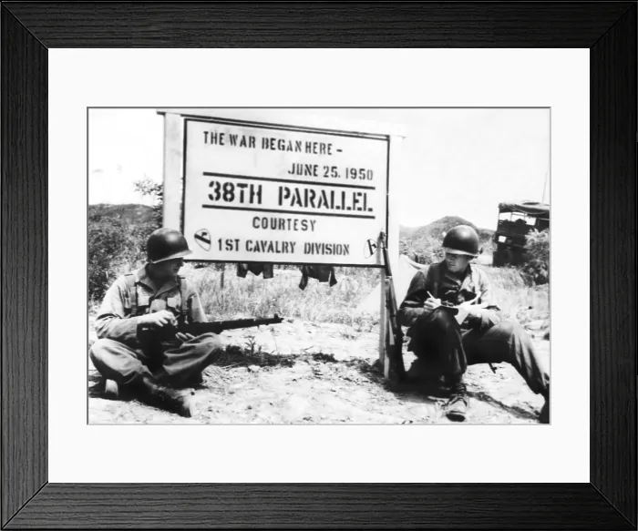 Framed Print : Korean War, soldiers resting on the spot where the Korean War broke out, (pictured: Pvt. Fred Furhaman, Pvt. Daniel M. Kantlehner), Korea, ca. 1951 Framed Print : Korean War, soldiers resting on the spot where the Korean War broke out, (pictured: Pvt. Fred Furhaman, Pvt. Daniel M. Kantlehner), Korea, ca. 1951