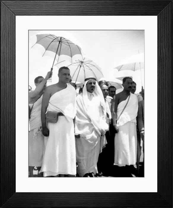 Framed Print : President of the United Arab Republic Gamal Abdel Nasser (forground, left), visiting King Saud of Saudi Arabia (with goatee) during Nasser's pilgrimage to Mecca, 1954