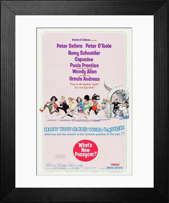 Framed Print : WHAT'S NEW PUSSYCAT?, US poster art, far left: Peter Sellers, 1965