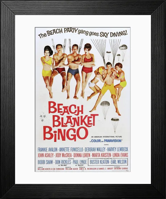 Framed Print : BEACH BLANKET BINGO, US poster art, Annette Funicello, Frankie Avalon, John Ashley, Donna Loren, 1965 Framed Print : BEACH BLANKET BINGO, US poster art, Annette Funicello, Frankie Avalon, John Ashley, Donna Loren, 1965