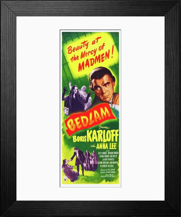 Framed Print : BEDLAM, top right: Boris Karloff on insert poster, 1946