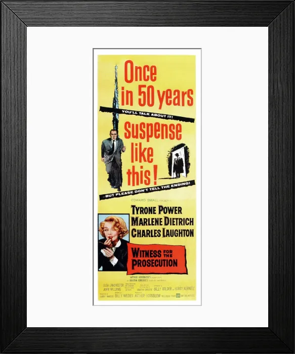Framed Print : WITNESS FOR THE PROSECUTION, top: Tyrone Power, bottom: Marlene Dietrich on insert poster, 1957 Framed Print : WITNESS FOR THE PROSECUTION, top: Tyrone Power, bottom: Marlene Dietrich on insert poster, 1957