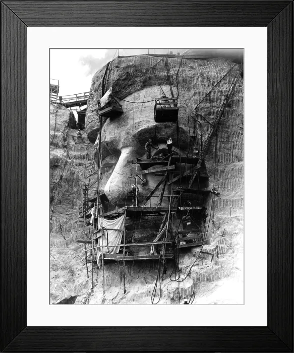Framed Print : MOUNT RUSHMORE, workers under the direction of Sculptor Gutzon Borglum carve head of Abraham Lincoln