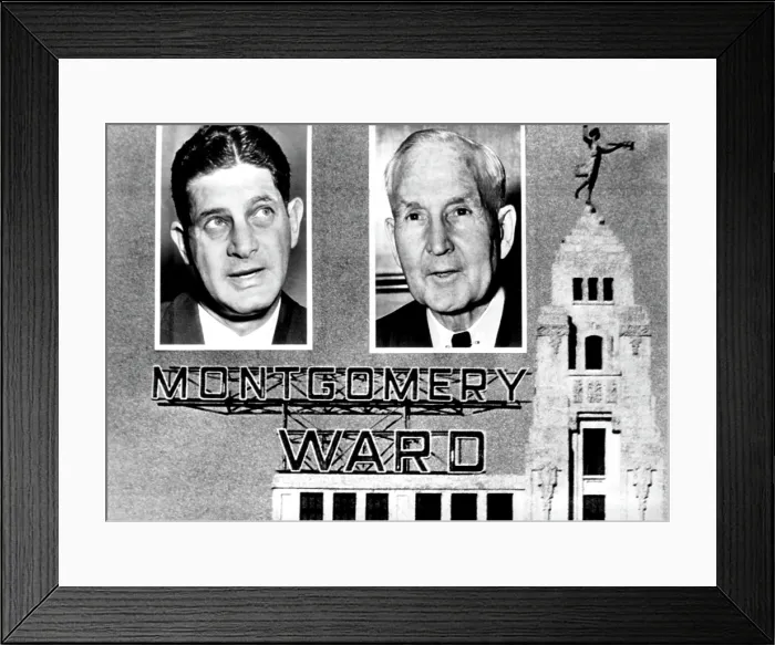 Framed Print : Montgomery Ward and Company, Chicago headquarters, (L), financier, Louis Wolfson, vies with (R), Chairman of the Board, Sewell Avery for control of the company. April 21, 1955