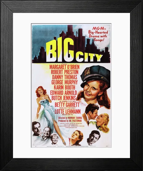 Framed Print : BIG CITY, l-r: Betty Garrett, Danny Thomas, Edward Arnold, Butch Jenkins, Lotte Lehmann, George Murphy, Robert Preston, Karin Booth, Margaret O'Brien on poster art, 1948