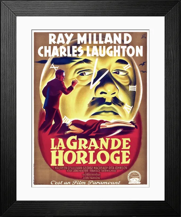 Framed Print : THE BIG CLOCK, (aka LA GRANDE HORLOGE), from left: Ray Milland, Charles Laughton on French poster art, 1948 Framed Print : THE BIG CLOCK, (aka LA GRANDE HORLOGE), from left: Ray Milland, Charles Laughton on French poster art, 1948