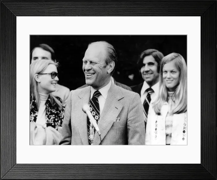 Framed Print : President Gerald Ford with daughter, Susan (l) and daughter-in-law, Gayle, visits wife at Bethesda Naval Hospital after Mrs. Ford underwent Breast removal operation. 09-28-1974
