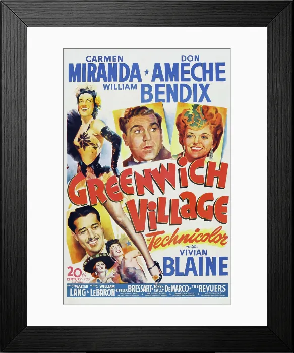 Framed Print : GREENWICH VILLAGE, US poster art, top, from left: Carmen Miranda, William Bendix, Vivian Blaine; bottom left: Don Ameche 1944, 20th Century Fox Framed Print : GREENWICH VILLAGE, US poster art, top, from left: Carmen Miranda, William Bendix, Vivian Blaine; bottom left: Don Ameche 1944, 20th Century Fox