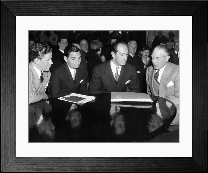 Framed Print : Rudy Valee, Irving Berlin, George Gershwin and Gene Buck president of ASCAP, meet before a special House Comittee for hearings on revisions and additions to the copywright act