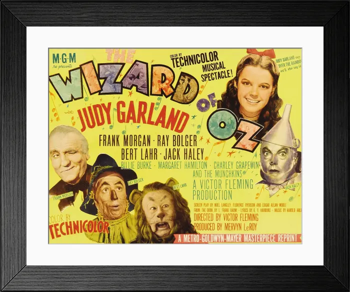 Framed Print : THE WIZARD OF OZ, left from left: Frank Morgan, Ray Bolger, Bert Lahr, right: Judy Garland, Jack Haley on 1940s title lobbycard, 1939