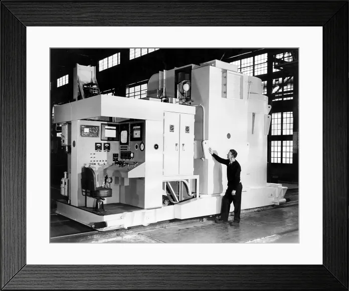 Framed Print : Charging unit ready for shipment to the Enrico Fermi Atomic Power Reactor (outside of Detroit, MI), shown in the factory of the Baldwin-Lima-Hamilton Corp. Eddystone, PA, ca