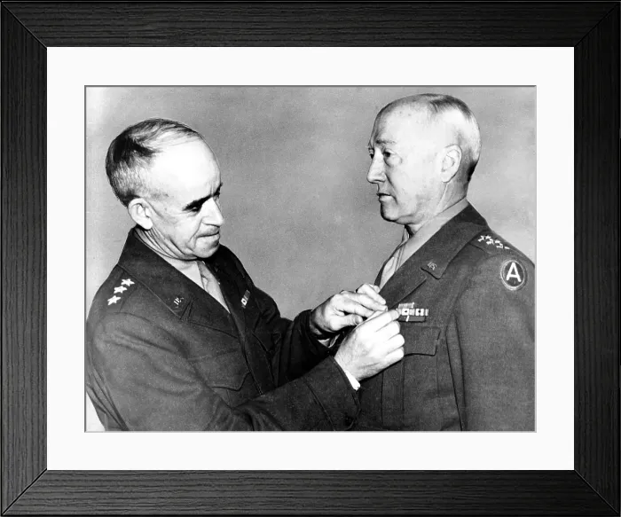 Framed Print : General Omar N. Bradley pins Bronze Cluster on the lapel of Lt. General George S. Patton, 1945. Courtesy: CSU Archives  /  Everett Collection