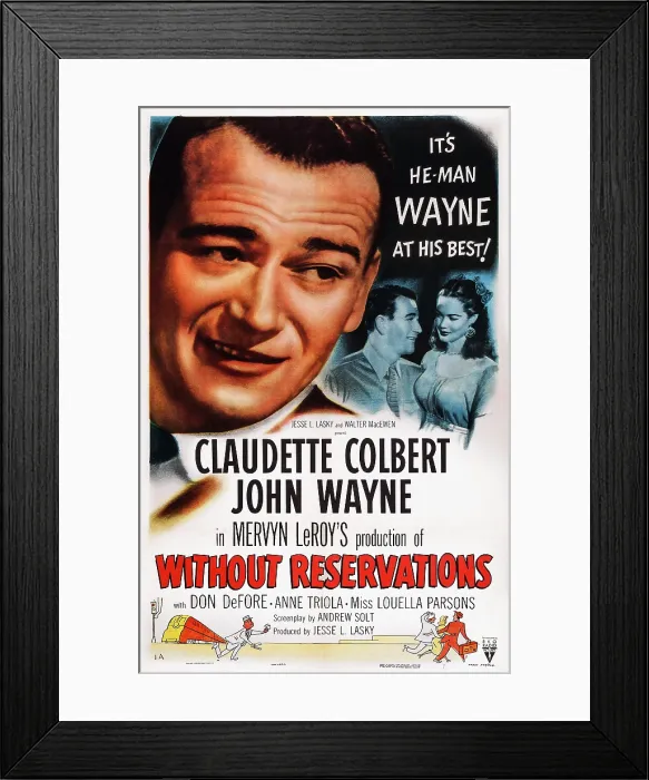 Framed Print : WITHOUT RESERVATIONS, from left: John Wayne, John Wayne, Claudette Colbert on 1953 reissue poster, 1946