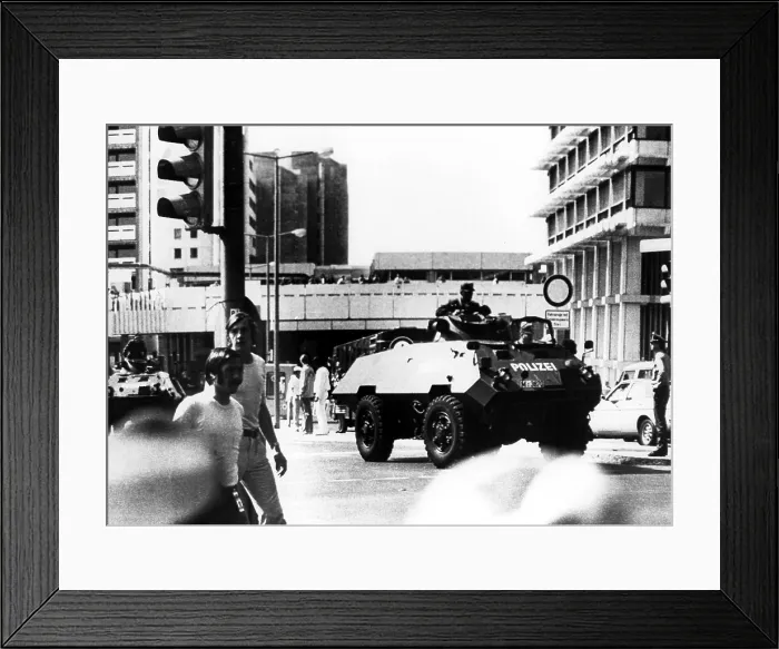 Framed Print : 1972 Olympics, West German Police patrol Olympic Village in armored vehicles, Munich, Germany, 09-05-1972.. Courtesy: CSU Archives / Everett Collection Framed Print : 1972 Olympics, West German Police patrol Olympic Village in armored vehicles, Munich, Germany, 09-05-1972.. Courtesy: CSU Archives / Everett Collection