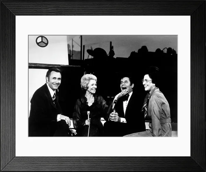 Framed Print : Oral Roberts (far left), Jerry Lewis (second from right), Evelyn Roberts (far right), on the television special We The People, c. 1976