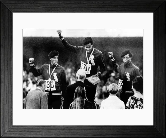 Framed Print : 1968 Olympics, 400 Meter Run winners Larry James, Lee Evans, Ron Freeman give Black Power salute upon receiving Gold Medals, Mexico City, Mexico, 10-18-1968 Framed Print : 1968 Olympics, 400 Meter Run winners Larry James, Lee Evans, Ron Freeman give Black Power salute upon receiving Gold Medals, Mexico City, Mexico, 10-18-1968