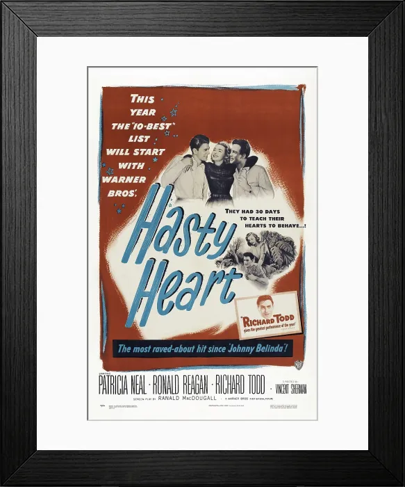 Framed Print : THE HASTY HEART, US poster art, from left: Ronald Reagan, Patricia Neal, Richard Todd, 1949 Framed Print : THE HASTY HEART, US poster art, from left: Ronald Reagan, Patricia Neal, Richard Todd, 1949