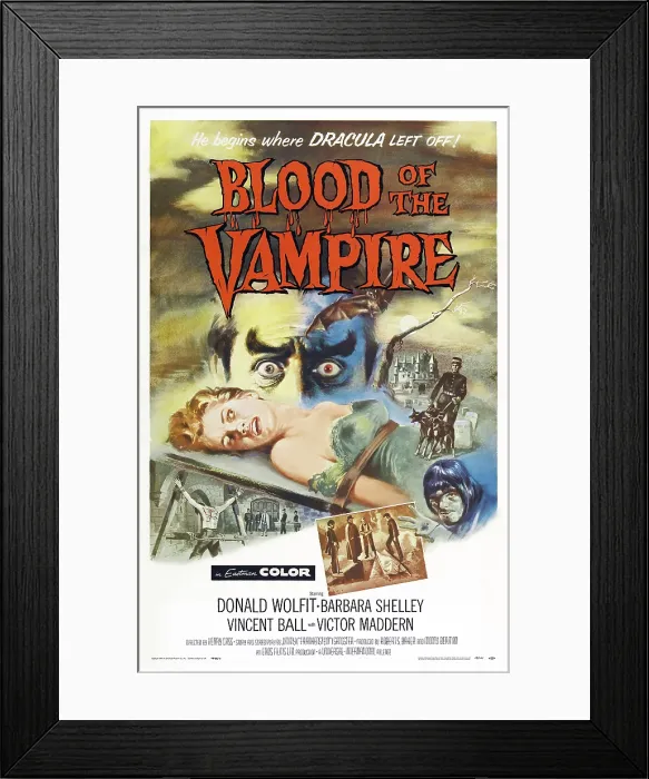 Framed Print : BLOOD OF THE VAMPIRE, woman on table: Barbara Shelley; man with staring eyes: Donald Wolfit; bottom right: Victor Maddern; 1-sheet poster art, 1958 Framed Print : BLOOD OF THE VAMPIRE, woman on table: Barbara Shelley; man with staring eyes: Donald Wolfit; bottom right: Victor Maddern; 1-sheet poster art, 1958