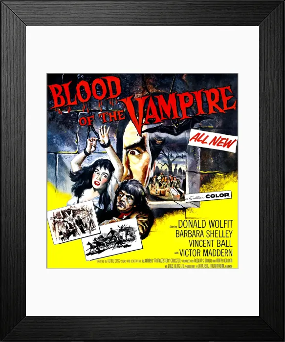 Framed Print : BLOOD OF THE VAMPIRE, from left: Barbara Shelley, Victor Maddern; peering through window: Donald Wolfit; 6-sheet poster art, 1958