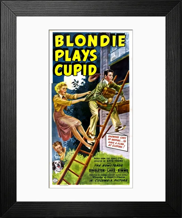 Framed Print : BLONDIE PLAYS CUPID, US poster, from top: Arthur Lake, Penny Singleton, Larry Simms, Daisy, 1940