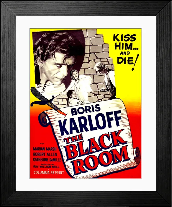 Framed Print : THE BLACK ROOM, US 1955 reissue poster art; large head: Boris Karloff, scene clockwise from right: Boris Karloff, Katherine DeMille, Marian Marsh, 1935