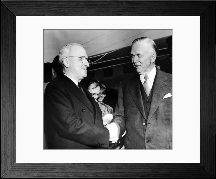 Framed Print : President Truman greets Secretary of State George C. Marshall at National Airport, 10 / 9 / 48. Courtesy: CSU Archives / Everett Collection Framed Print : President Truman greets Secretary of State George C. Marshall at National Airport, 10 / 9 / 48. Courtesy: CSU Archives / Everett Collection