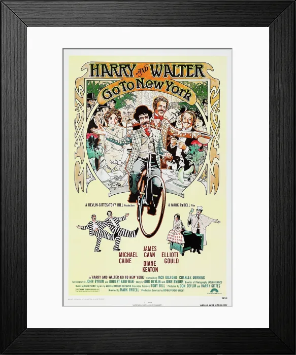 Framed Print : HARRY AND WALTER GO TO NEW YORK, US poster art, top from left: Diane Keaton, Elliott Gould (bicycle), James Caan, Michael Caine, bottom from left: James Caan, Elliott Gould Framed Print : HARRY AND WALTER GO TO NEW YORK, US poster art, top from left: Diane Keaton, Elliott Gould (bicycle), James Caan, Michael Caine, bottom from left: James Caan, Elliott Gould