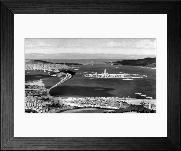 Framed Print : San Francisco Bay site of 1939 Golden Gate Exposition rendered by Chesley Bonestell. Bay Bridge is left, Golden Gate far center.. Courtesy: CSU Archives  /  Everett Collection