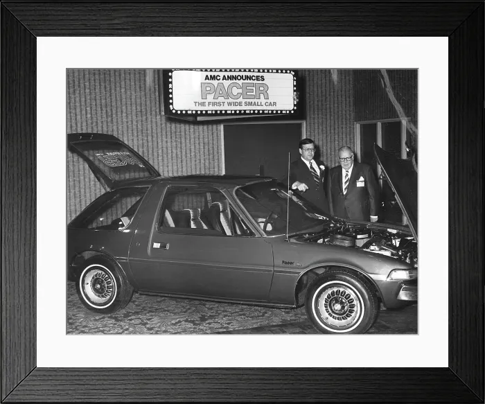 Framed Print : AMC introduces The Pacer, their first wide, small car. Vic Kray & Jack Rocks, managers at AMC in Cleveland, OH, are promoting the car, February 25, 1975