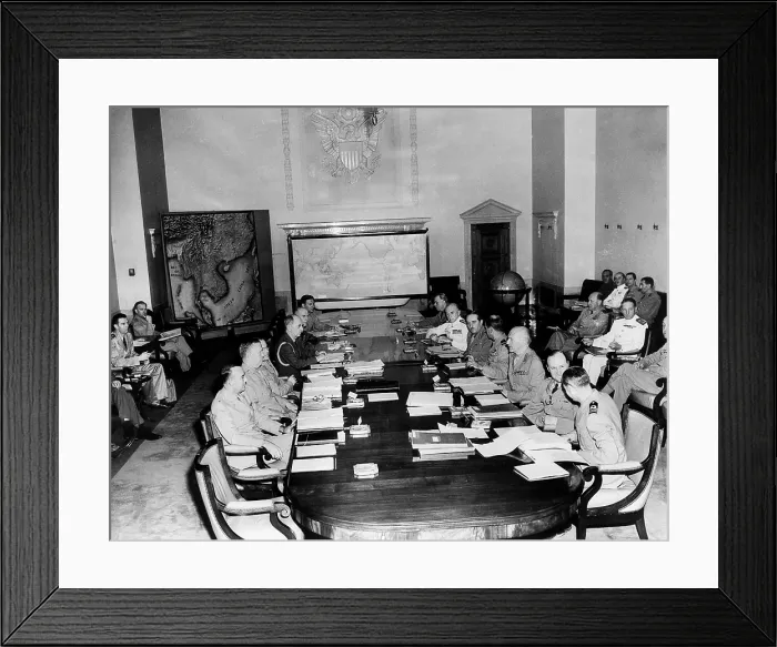 Framed Print : American and British members of the joint and combimed Chiefs of Staff at a meeting in Washington, D.C. At left-hand side of table: General George C