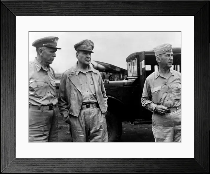 Framed Print : General George C. Marshall, during inspection of SW Pacific Area, visiting the field headquarters of Generals Douglas MacArthur and Walter Krueger, December 1942 Framed Print : General George C. Marshall, during inspection of SW Pacific Area, visiting the field headquarters of Generals Douglas MacArthur and Walter Krueger, December 1942