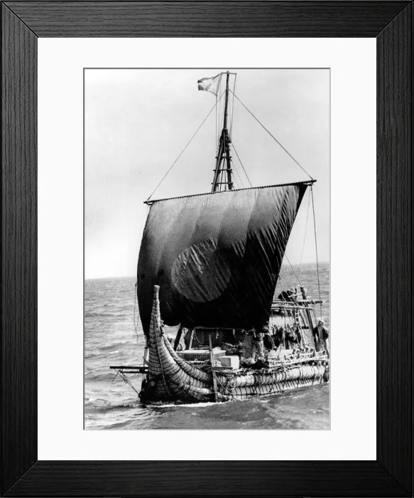 Framed Print : RA II, Ship headed by Thor Heyerdahl in attempt to cross Atlantic ocean leaves Safi, Morocco, 05 / 18 / 70. Ship constructed of papyrus reeds