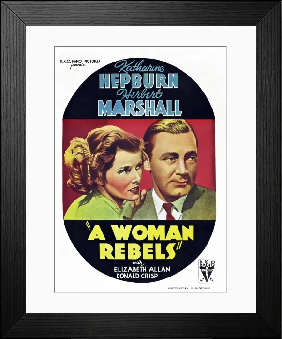 Framed Print : A WOMAN REBELS, from left: Katharine Hepburn, Herbert Marshall on Australian poster art, 1936 Framed Print : A WOMAN REBELS, from left: Katharine Hepburn, Herbert Marshall on Australian poster art, 1936