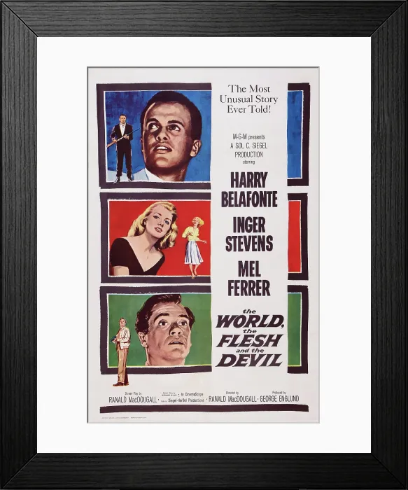 Framed Print : THE WORLD, THE FLESH AND THE DEVIL, US poster art, from top: Harry Belafonte, Inger Stevens, Mel Ferrer, 1959 Framed Print : THE WORLD, THE FLESH AND THE DEVIL, US poster art, from top: Harry Belafonte, Inger Stevens, Mel Ferrer, 1959