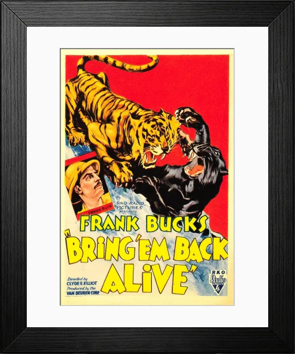 Framed Print : BRING EM BACK ALIVE, bottom left: Frank Buck on midget window card, 1932 Framed Print : BRING EM BACK ALIVE, bottom left: Frank Buck on midget window card, 1932
