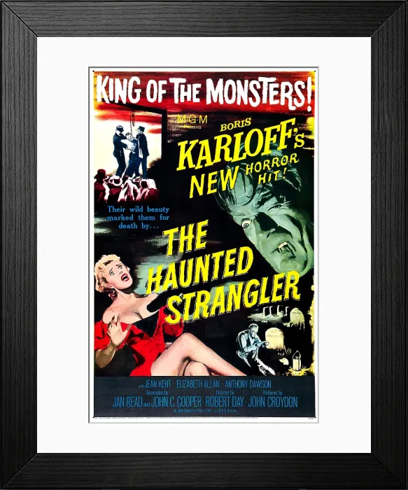 Framed Print : THE HAUNTED STRANGLER, (aka GRIP OF THE STRANGLER), US poster, Boris Karloff (top right), Vera Day (bottom left), 1958 Framed Print : THE HAUNTED STRANGLER, (aka GRIP OF THE STRANGLER), US poster, Boris Karloff (top right), Vera Day (bottom left), 1958