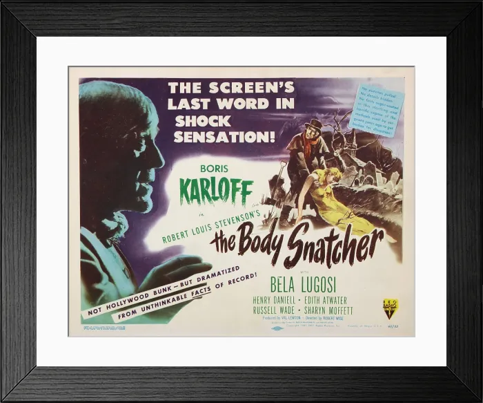 Framed Print : THE BODY SNATCHER, left and top right: Boris Karloff on title lobbycard, 1945