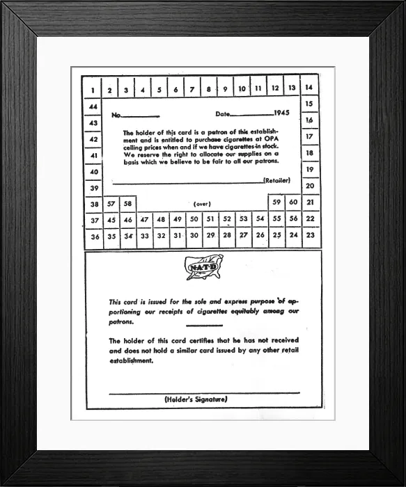 Framed Print : Cigarette rationing card, during WWII cigarette shortage, Chicago, IL, 1 / 16 / 1945. Courtesy: CSU Archives  /  Everett Collection