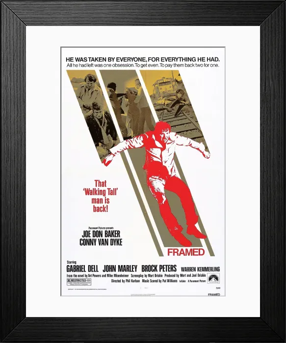 Framed Print : FRAMED, US poster art, Joe Don Baker, 1975 Framed Print : FRAMED, US poster art, Joe Don Baker, 1975