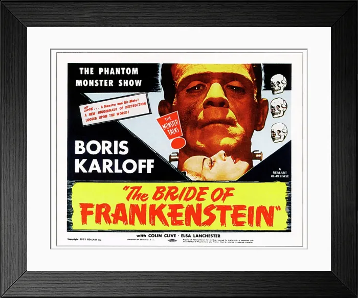 Framed Print : THE BRIDE OF FRANKENSTEIN, top: Boris Karloff, bottom: Elsa Lanchester on 1953 poster art, 1935