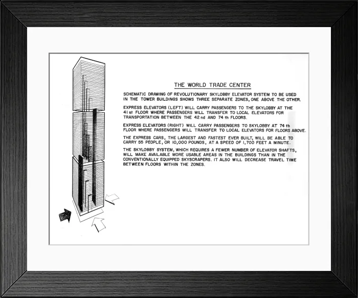 Framed Print : WORLD TRADE CENTER, TWIN TOWERS, diagram detailing operations of elevator, dated 04-08-67.. Courtesy: CSU Archives  /  Everett Collection