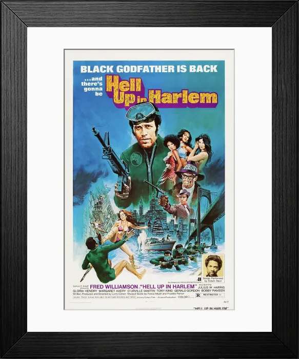 Framed Print : HELL UP IN HARLEM, US poster art, Fred Williamson (wet suit), Julius W. Harris (eyeglasses), Edwin Starr (bottom right), 1973