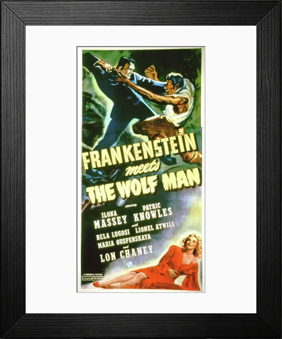 Framed Print : FRANKENSTEIN MEETS THE WOLF MAN, (clockwise from top): Bela Lugosi, Lon Chaney Jr. Ilona Massey, (3-sheet poster art), 1943