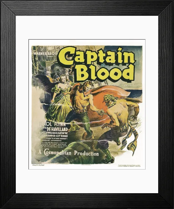 Framed Print : CAPTAIN BLOOD, window card, from left: Olivia de Havilland, Errol Flynn, 1935 Framed Print : CAPTAIN BLOOD, window card, from left: Olivia de Havilland, Errol Flynn, 1935