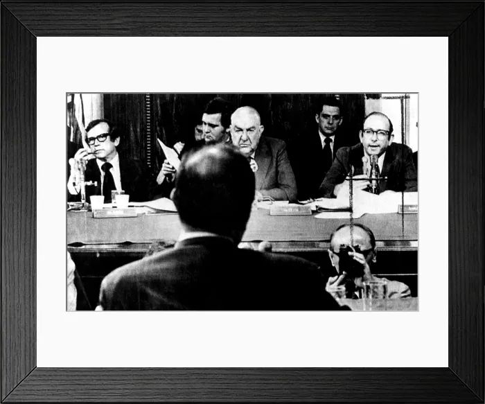 Framed Print : Cheif counsel Sam Dash of the Senate Watergate Comittee (far right) questions John Ehrlichman (foreground) about President Nixon's role in the scandal