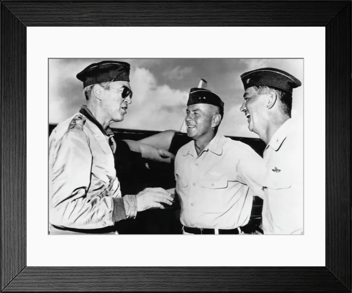 Framed Print : Brigadier General James Stewart, visiting soldiers in Guam prior to their tour of Vietnam, l-r: James Stewart, General William Crum, and Colonel Temple Cumislley, March 19, 1966
